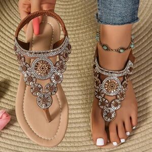 Newest Style Roman Sandals, Bohemian Style Women's Flat Sandals In Brown Color